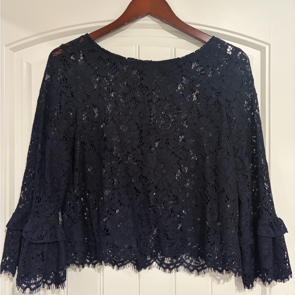 Club Monaco Navy Floral Lace Bell-Sleeve Top
